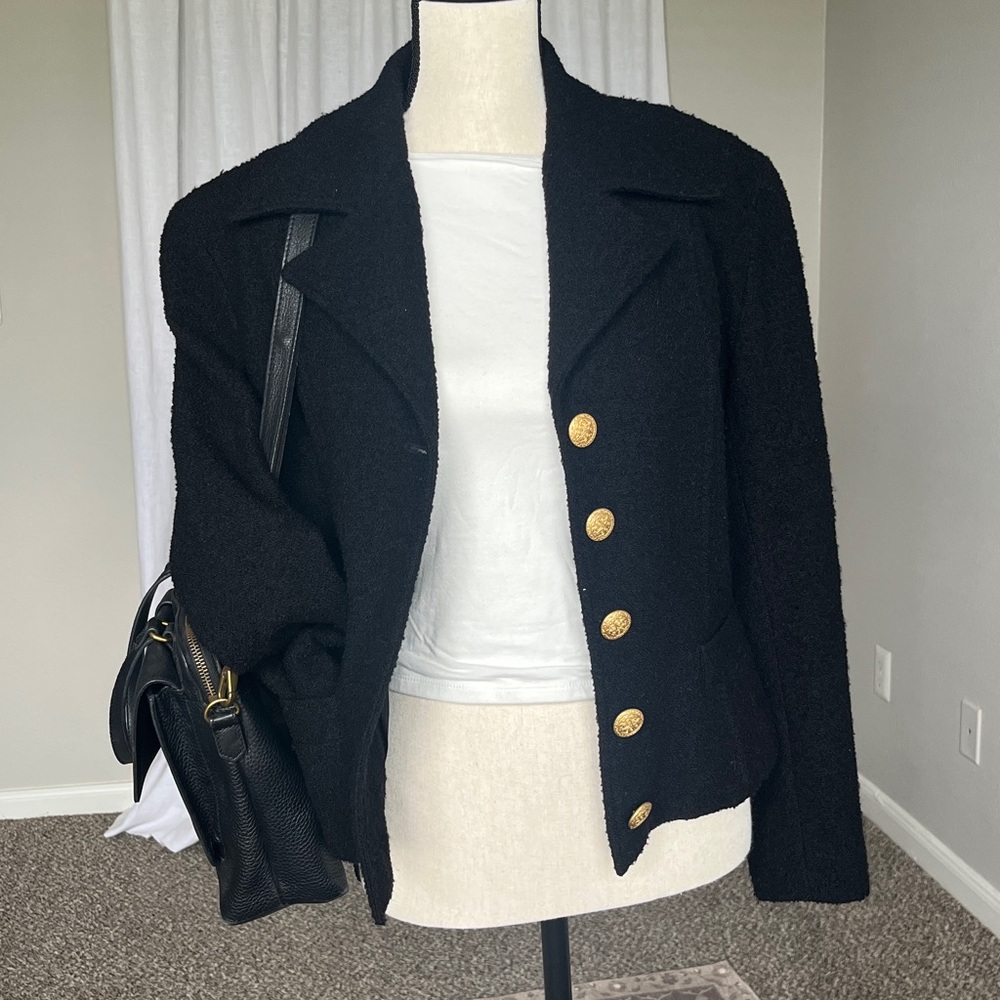 VTG 90s Wool Black Bouclé Blazer Gold Buttons The Limited Made USA S